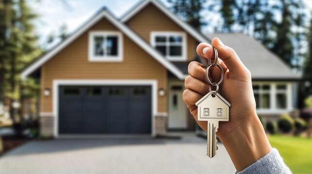 A hand holds a house-shaped keychain with keys in front of a modern suburban house with a two-car garage.